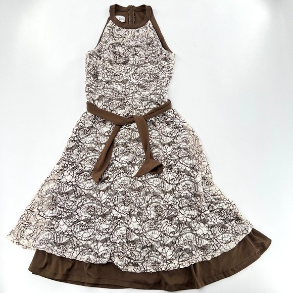 Joseph Ribkoff Dresses & Skirts - Joseph Ribkoff Dress Womens 6 White Brown Floral Fishnet Overlay Lined Waist Tie